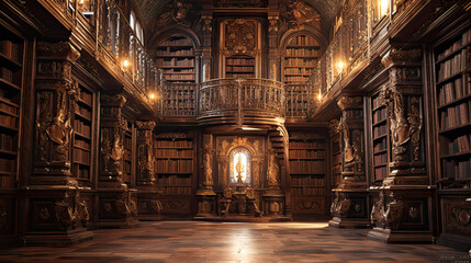 Ancient library with towering bookshelves - obrazy, fototapety, plakaty