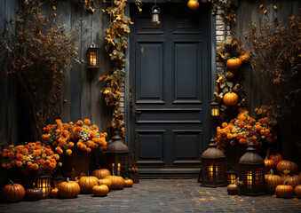 Halloween scene, Fall Thanksgiving, Vintage Brick Wall, Wooden Door