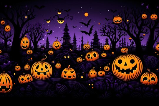 Photo of halloween decorations with pumpkins and candies on violet background. Generative AI.