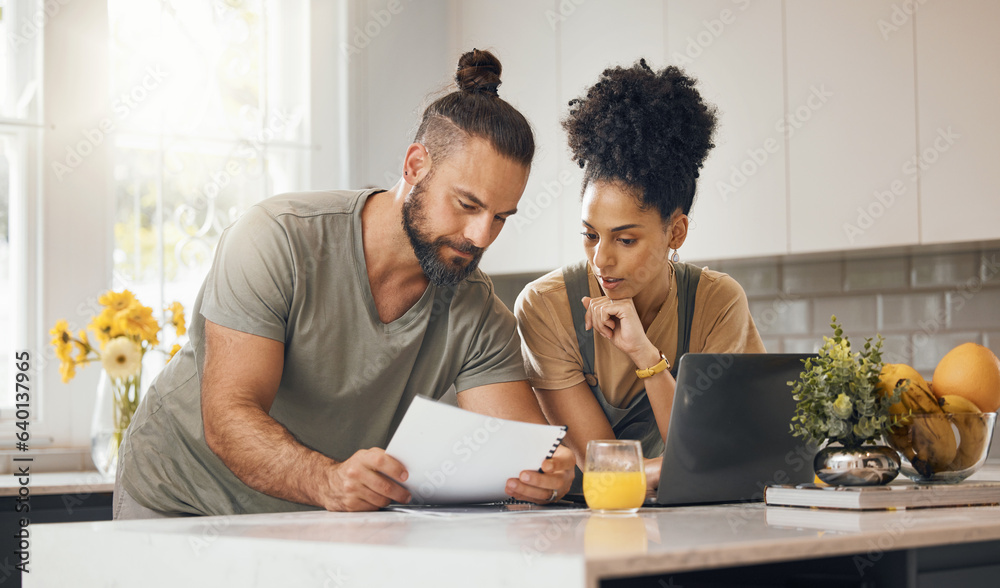 Poster Interracial couple, laptop in kitchen and insurance paperwork, budget and finance with life and marriage. Partner, people at home and reading document with policy, taxes and bills with mortgage