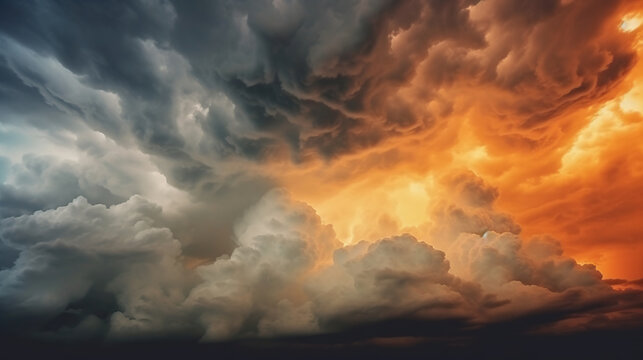 Gray yellow orange sky with clouds AI generated image