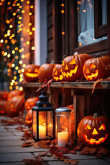 halloween porch decorated with halloween pumpkins and other decorations