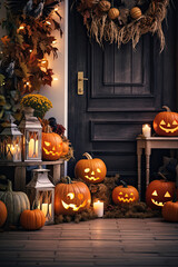 halloween porch decorated with halloween pumpkins and other decorations