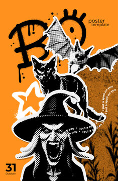 Halloween halftone collage poster pemplate with mixed media design effect. Scary Witch monster with black cat and bat. Spooky modern cut out elements anf graffiti text Boo. Vector illustration