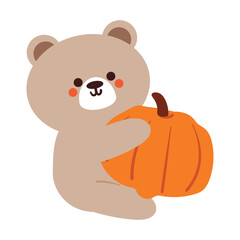 hand drawing cartoon bear with pumpkin. cute halloween and autumn season decor element sticker. design for card, print