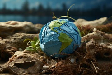 Crumpled paper Earth symbolizes degradation, a plea for environmental awareness - obrazy, fototapety, plakaty