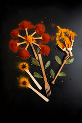 Paprika, turmeric, and bay leaves arranged like flowers on wood tea spoons on black