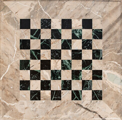 Beige and black marble mosaic chess board, empty textured backdrop