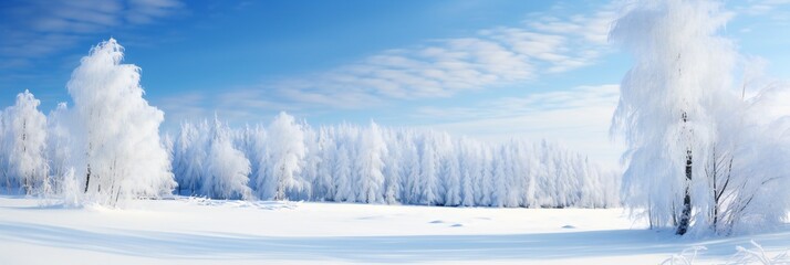 snowy idyllic winter landscape panorama, frost winter forest background, border from snow cover and fir tree