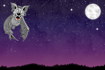 illustration of a cartoon bat in night sky with copy space and stars