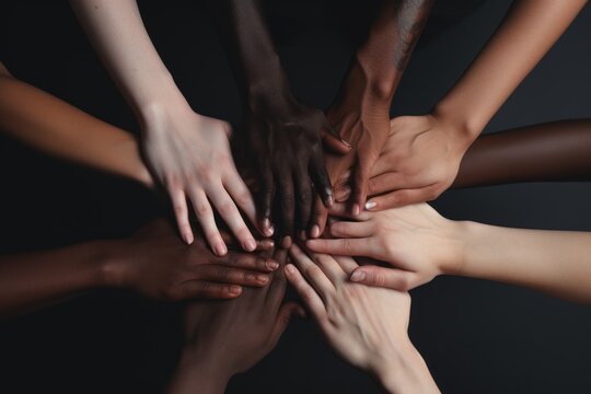 no room for racism A multiracial group hands in a circle. Created with Generative AI