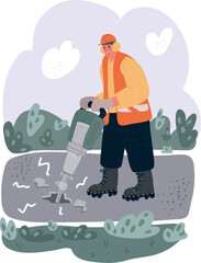 Vector illustration of Builder worker pneumatic hammer drills hole in concrete