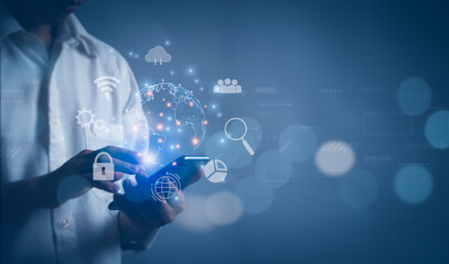 user shows globe icon for connecting to the internet for online transactions, online marketing, digital banking, concept of digital transformation Access to big data via global internet network
