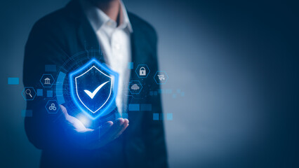 hand of a businessman Data privacy protection display with virtual screen icon, concept of...