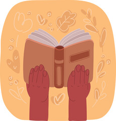 Vector illustration of Rear view of student hands holding workbook and self studying