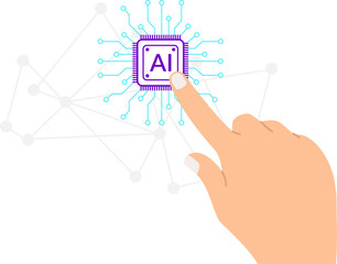 human hand finger touching chip artificial intelligence icon virtual. flat design cartoon