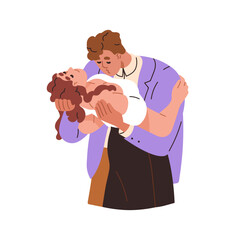 Love couple foreplay. Man kissing breast, hugging sexy woman, girlfriend. Sex, passion, arousal, lust, intimacy with passionate partner. Flat graphic vector illustration isolated on white background