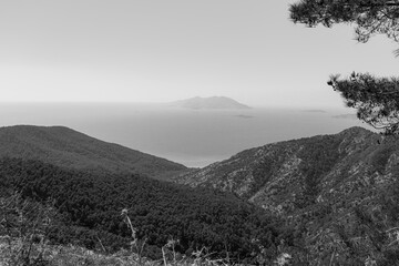 Black and white coastal view of a Makri island, one of the Echinades, in the Ionian Islands group...