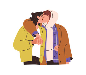 Love couple kissing, hugging. Young sexy man and woman, holding hands. Enamored aroused romantic people, girlfriend and boyfriend valentines. Flat vector illustration isolated on white background