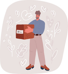 Vector illustration of man holding cardboard box. Moving and logistics concept.