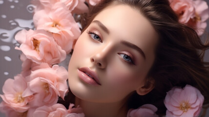 Obraz na płótnie Canvas Beautiful blue-eyed woman standing in the background with dark colors and pink flowers, cosmetics shot, beauty industry photography