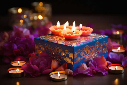 Diwali lamp, gift box and flower on dark background