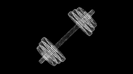 3D Dumbbell on black bg. Sports Fitness concept. Business advertising backdrop. For title, text, presentation. 3d animation.