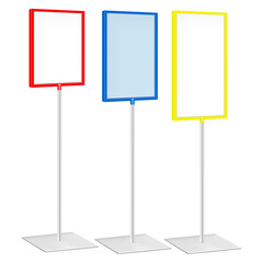 Pedestal poster frame vector mockup set. Floor display stand template. Blank white placard sign holder on metal pole and base mock-up. Easy editable