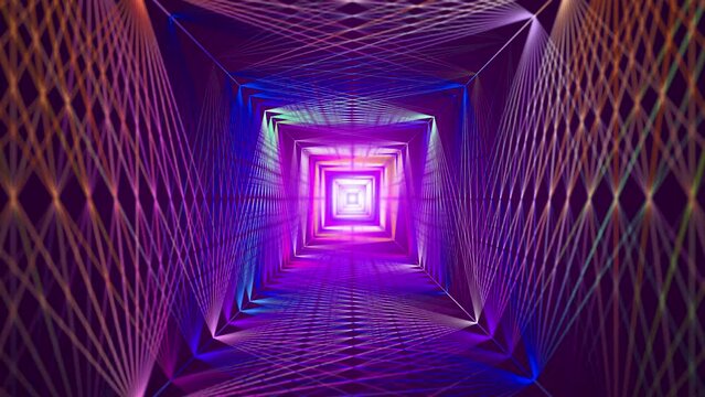 Driving through a quadrangular multi-colored tunnel with light at the end. Abstract animation.