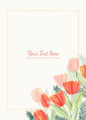 Manual painted of orange tulip flower watercolor as background frame.
