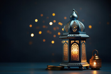 Ornamental Arabic or islamic lantern on light blur bokeh background. - obrazy, fototapety, plakaty