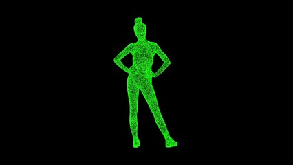 3D Woman in summer clothes on black bg. Relax concept. Summer sea holiday. Business advertising backdrop. For title, text, presentation. 3d animation.