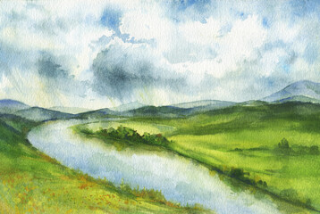 Fototapeta na wymiar Beautiful landscape, panoramic illustration. River flowing between green fields and hills of the countryside with forest. Hand drawn watercolor painting