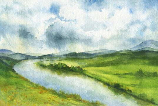 Beautiful landscape, panoramic illustration. River flowing between green fields and hills of the countryside with forest. Hand drawn watercolor painting