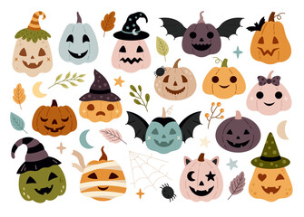 Halloween pumpkins clipart in flat style. Happy Halloween clipart for Halloween party, prints, decor. Vector illustration