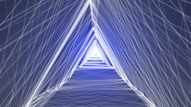 Driving through a triangular oscillating tunnel with light at the end. Abstract animation.