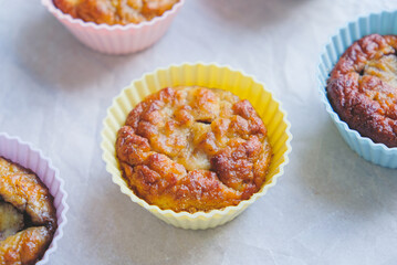 Delicious freshly baked gluten free berry muffins made with coconut flour with no added sugar, close up. Healthy sweet food.
