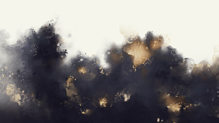 drawing watercolor abstraction with paper texture in dark colors with golden elements flowers splashes
