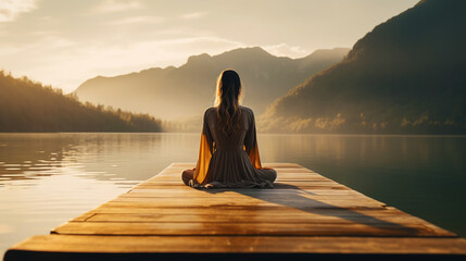 Young girl practice yoga on wooden pier with a view on lake and beautiful landscape. Generative AI