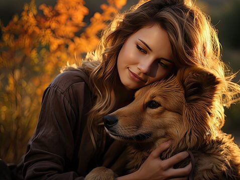 Portray the bond between a pet and its owner with a heartwarming shot, using natural lighting and an emotional style of photograph to convey the love and companionship