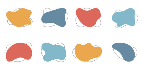 Organic Blob Set On White Background. Fluid Amorphous Color Shape Collection. Irregular Random Form. Blotch Liquid Round. Asymmetric Dynamic Bubbles. Isolated Vector Illustration