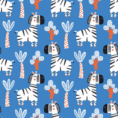 Childish seamless repeating simple flat pattern with zebras on a blue background. Cute baby animals. Pattern for kids with animals.