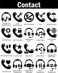 A set of 20 contact icons as headphone maintenance, call maintenance