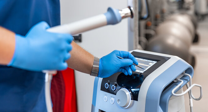 Shock wave therapy device with male doctor hands in rubber gloves.
