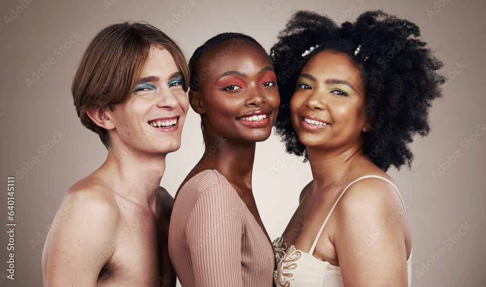 Sticker Diversity, beauty and skin, portrait and happy people, dermatology and inclusion isolated on studio background. Gen z, young women and man with face, equality and cosmetics with skincare and wellness