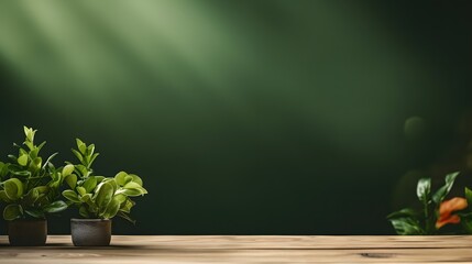 wood table green wall background with sunlight window create leaf shadow on wall with blur indoor green plant foreground.panoramic banner mockup for display of product.eco friendly, AI Generative