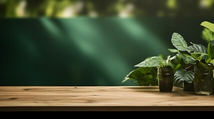 wood table green wall background with sunlight window create leaf shadow on wall with blur indoor green plant foreground.panoramic banner mockup for display of product.eco friendly, AI Generative