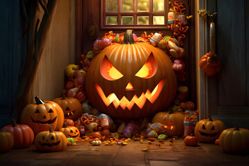 Obraz premium Halloween scene with cute pumpkins and candy inside a decorated house waiting for the celebration