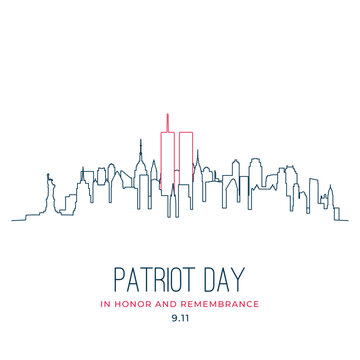 911 Patriot Day In honor and remembrance. NYC Skyline in line style. World trade center New York skyline.