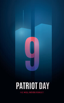 9-11 Patriot Day. Twin towers on dark blue background. Modern creative minimalist design. Vertical banner.